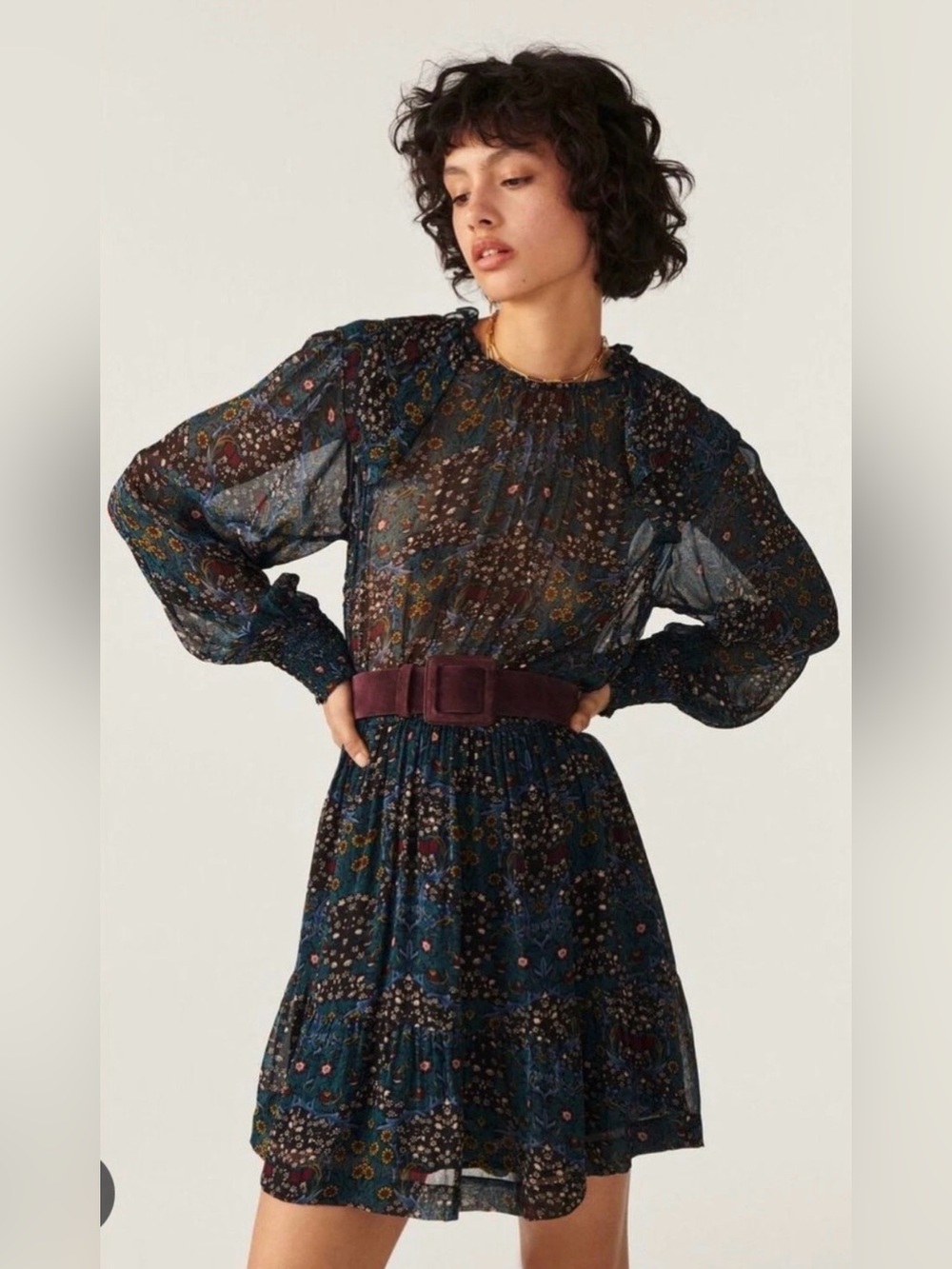 ba&sh Presley Blue Floral Mini Dress Size 4 Small Ruffle Sheer Boho Romantic EUC